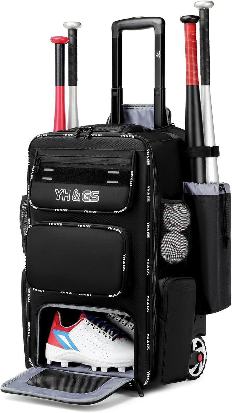 GOTECH Rolling Baseball Bag,Wheeled Softball Bag with Fence Hook for TBall Bat & Equipment,Lightweight Baseball Bat with Shoe Compartment - Image 1